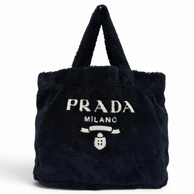 美品☆PRADA プラダ 1BG130 テリー トートバッグ トライアングルロゴプレート付 ロゴバッグ ダークネイビー イタリア製 レディース