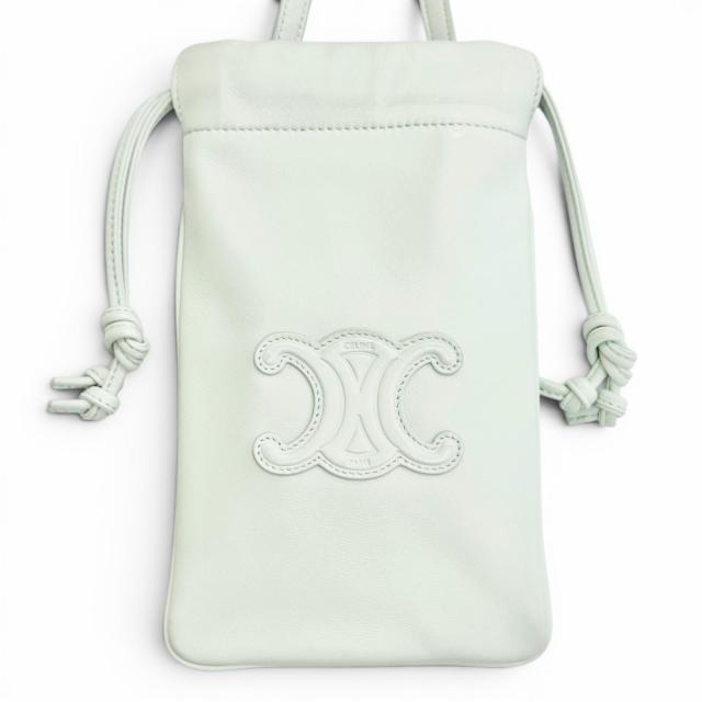 良品△CELINE セリーヌ 10L163ETK レザー キュイルトリオンフ ドローストリング モバイルポーチ フォンケース ショルダーバッグ グリーン