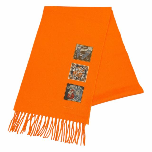 極美品★HERMES エルメス カシミヤ100％ 2024年6月購入品 オレンジ バッジ ソワ ロゴ刺繍入り フリンジ付 マフラー オレンジ 正規品 箱付