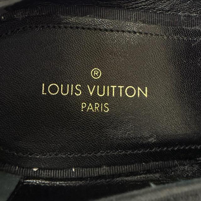 極美品□LOUIS VUITTON ルイヴィトン ベロア レザー ロゴ刺繍 スリッポン モカシン ローファー フラットシューズ ブラック 7.5 伊製_6