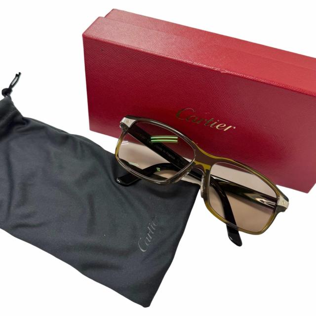 良品□Cartier カルティエ サントス ドゥ カルティエ サングラス アイウェア クリアカーキ ブラック 56□13 度入り フランス製 メンズ_1