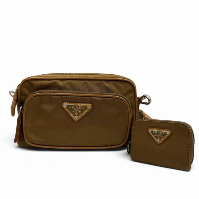 極美品▼PRADA プラダ 2VH172 ナイロン レザー トライアングルロゴ 三角プレート Re-Nylon ポーチ付き ショルダーバッグ ブラウ メンズ