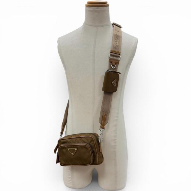 極美品▼PRADA プラダ 2VH172 ナイロン レザー トライアングルロゴ 三角プレート Re-Nylon ポーチ付き ショルダーバッグ ブラウ メンズ_1