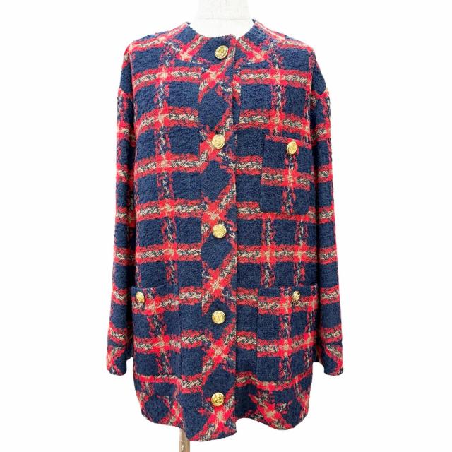 極美品△GUCCI グッチ 674336 GGロゴボタン チェック柄 ノーカラー ツイード ジャケット ネイビー レッド 42 伊製 正規品 レディース