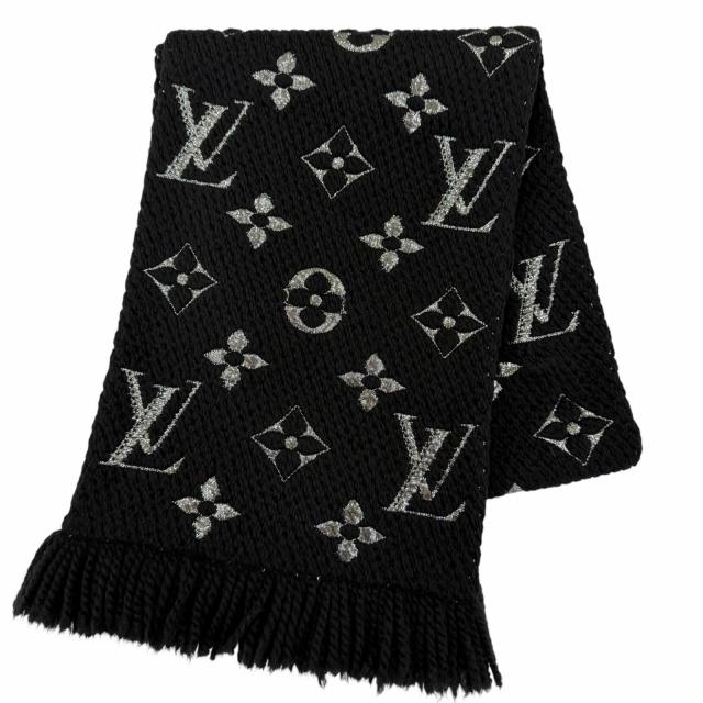 美品☆LOUIS VUITTON ルイヴィトン M75833 エシャルプ・ロゴマニア シャイン ウール シルク ノワール フリンジ付 マフラー 伊製 正規品