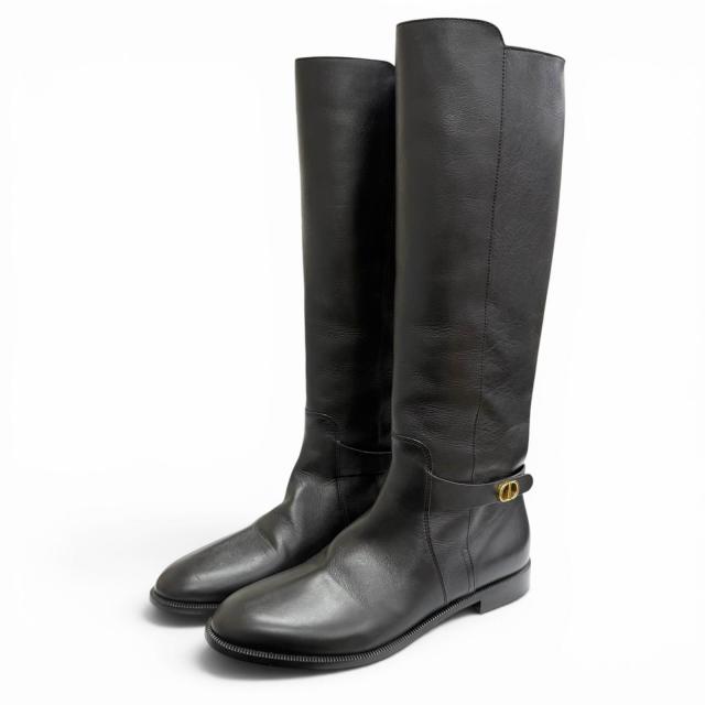 極美品△Christian Dior ディオール EMPREINTE アン工業プラント  CDバックル なめし革 ロングブーツ 黒いこと 37.5 イタリア製
