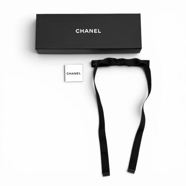 未使用品★CHANEL シャネル 24B AAA428 シルク100％ ラインストーン ココマーク ボウバレッタ リボンバレッタ ヘアクリップ 黒 箱付_1