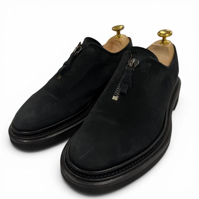 極美品▼GIORGIO ARMANI ジョルジオアルマーニ スウェード ジップアップ プレーントゥ レザーシューズ ブラック 6 イタリア製 メンズ