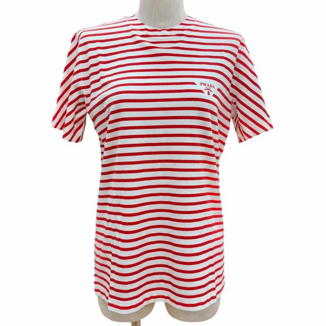 未使用品▲PRADA プラダ コットン100％ トライアングルロゴ ボーダー柄 半袖Ｔシャツ レッド ホワイト XS イタリア製 正規品 レディース