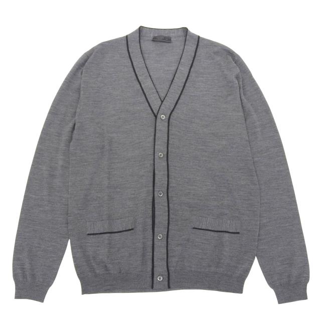極美品▲PRADA プラダ 2024年製 UMG346 バージンウール100％ トライアングルロゴ カーディガン グレー 48 イタリア製 正規品 メンズ