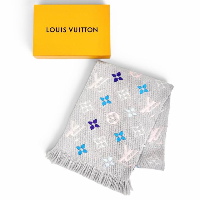 美品△LOUIS VUITTON ルイヴィトン M75874 エシャルプ ロゴマニア レインボー ウール シルク モノグラム マフラー グレー マルチ 正規品_1