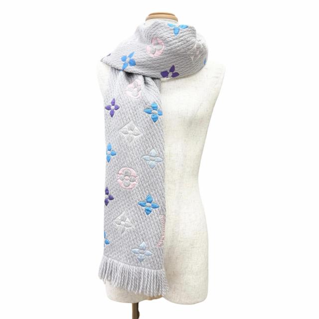 美品△LOUIS VUITTON ルイヴィトン M75874 エシャルプ ロゴマニア レインボー ウール シルク モノグラム マフラー グレー マルチ 正規品_2