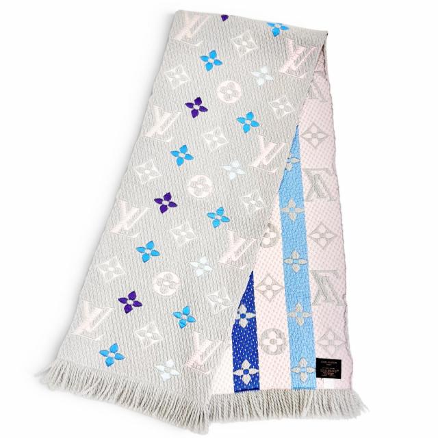 美品△LOUIS VUITTON ルイヴィトン M75874 エシャルプ ロゴマニア レインボー ウール シルク モノグラム マフラー グレー マルチ 正規品_3