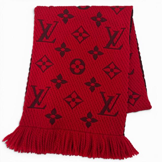 極美品☆LOUIS VUITTON ルイヴィトン M72432 エシャルプ・ロゴマニア ウール シルク ルビー マフラー イタリア製 正規品 レディース 箱付