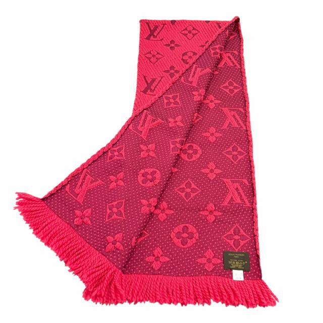 美品★LOUIS VUITTON ルイヴィトン M78769 エシャルプ ロゴマニア ウール シルク混 フューシャピンク フリンジ付 マフラー 伊製 正規品_1