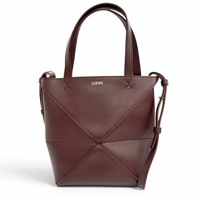 美品△LOEWE ロエベ A657V25X01 パズルフォルド トートミニ シャイニーカーフスキン 2WAY ハンドルバッグ ショルダーバッグ バーガンディ