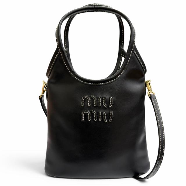 未使用品△MIUMIU ミュウミュウ 5BA281 IVY アイビー レザー ロゴ 2WAY ハンドバッグ ショルダーバッグ ブラック 伊製 箱・保存袋付き
