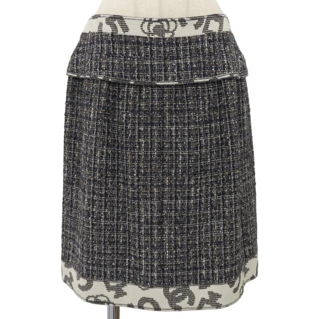 未使用品▲CHANEL シャネル 06P P28601 コットン ウール ココマーク金具付き ツイードスカート ネイビー 42 フランス製 レディース
