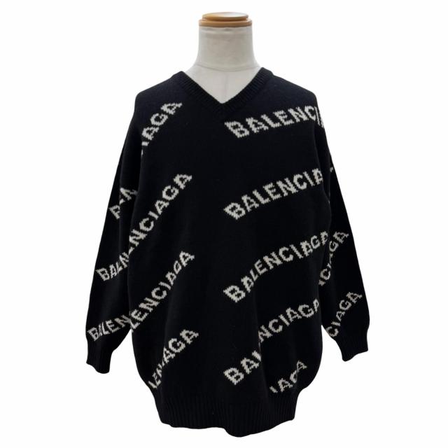 未使用品▼BALENCIAGA バレンシアガ 529061 キャメル ウール ロゴ柄 Vネック ジャガードニット セーター ブラック 38 伊製 正規品 メンズ