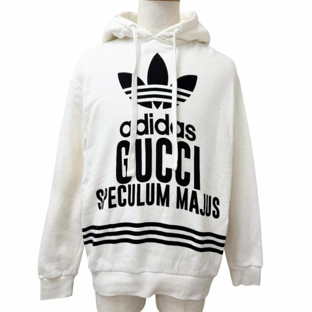美品□GUCCI×adidas グッチ×アディダス 717427 コットン トレフォイル ロゴプリント プルオーバー パーカー ホワイト XS 正規品 メンズ