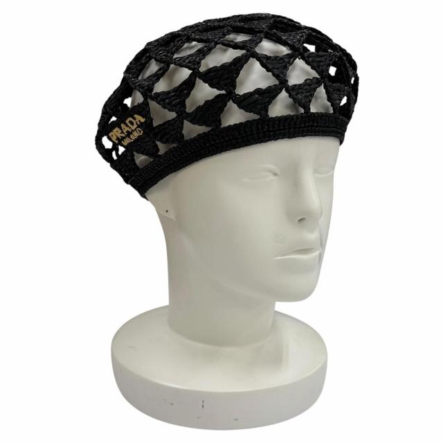 極美品★PRADA プラダ 2024年製 1HC266 ロゴ入り クロシェ ベレー帽 帽子 ブラック L 正規品 レディース 保存袋付き