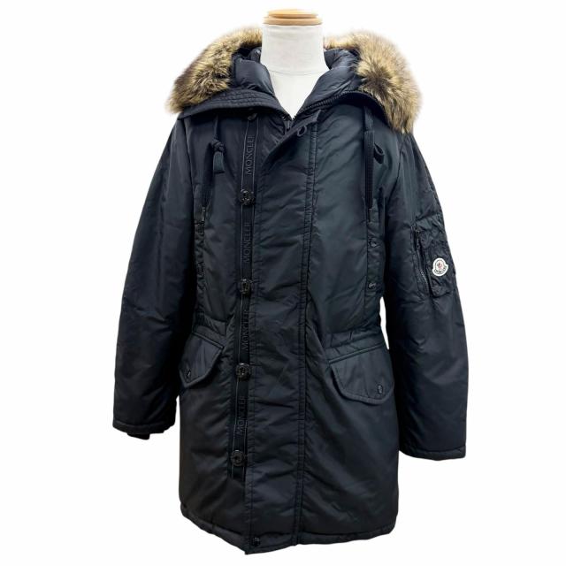 美品▼MONCLER モンクレール 21-22AW AJA ロゴワッペン付き フェイクファー フーデッド WZIPUP ダウンコート ブラック 1 正規品 メンズ