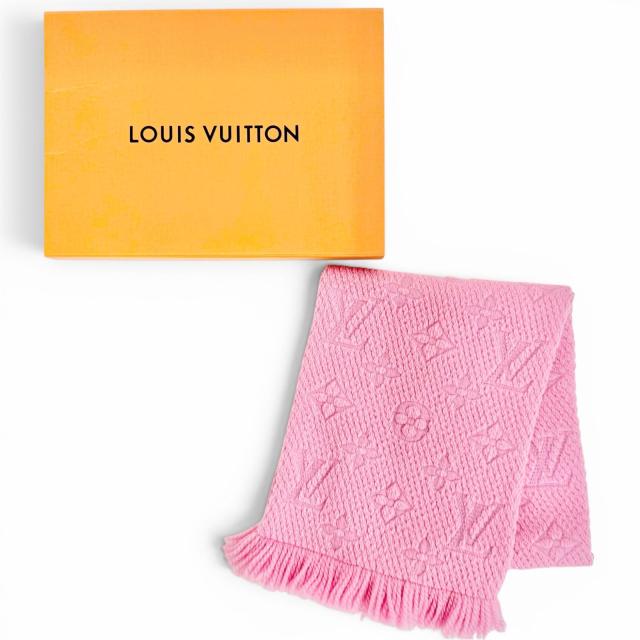 美品△LOUIS VUITTON ルイヴィトン M73659 エシャルプ ロゴマニア ウール シルク モノグラム フリンジ マフラー ピンク 伊製 正規品_1