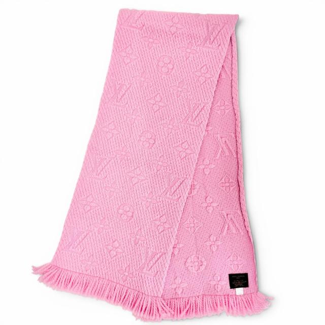 美品△LOUIS VUITTON ルイヴィトン M73659 エシャルプ ロゴマニア ウール シルク モノグラム フリンジ マフラー ピンク 伊製 正規品_2