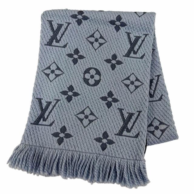 美品☆LOUIS VUITTON ルイヴィトン M75702 エシャルプ ロゴマニア ウール シルク フリンジ付 マフラー ブルー 伊製 正規品 レディース