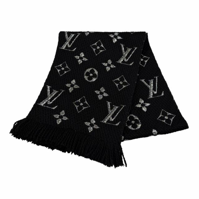 美品★LOUIS VUITTON ルイヴィトン M75833 エシャルプ ロゴマニア シャイン ウール シルク混 フリンジ付 マフラー ブラック 正規品