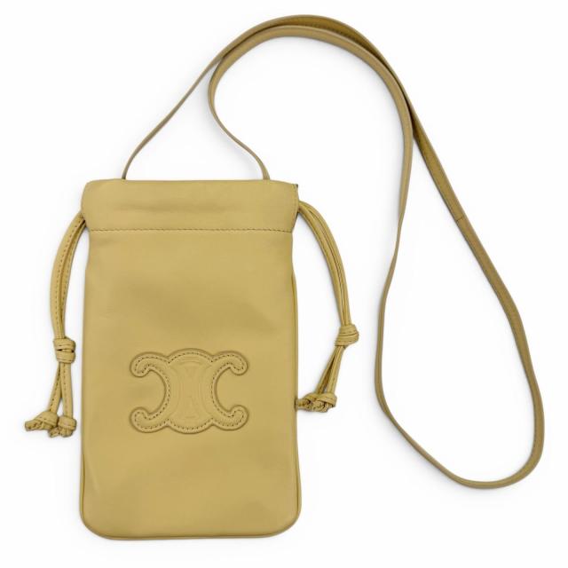 良品☆CELINE セリーヌ 10L163ETK キュイルトリオンフ ドローストリング レザー モバイルポーチ ショルダーバッグ ベージュ系 イタリア製