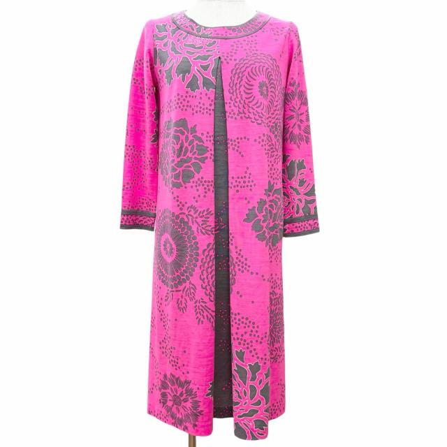 極美品△LEONARD FASHION レオナール ファッション 0360922 ウール100％ 総柄 クルーネック 長袖 ワンピース ピンク グレー 1 正規品