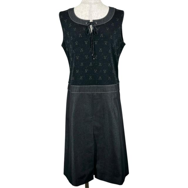 極美品▲LEONARD FASHION レオナール ファッション シルク モノグラム柄 ノースリーブ ワンピース ブラック L 日本製 正規品 レディース