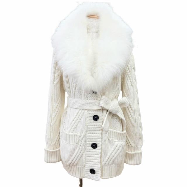 美品△PRADA プラダ P25G67 カシミヤ100％ ラムファー ベルト付き ケーブルニットコート アイボリー 36 イタリア製 正規品 レディース