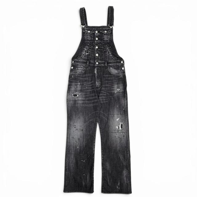 極美品△DSQUARED2 ディースクエアード 22AW S75FP0152 コットン ダメージ加工  デニムサロペット ブラック系 38 伊製 正規品 レディース