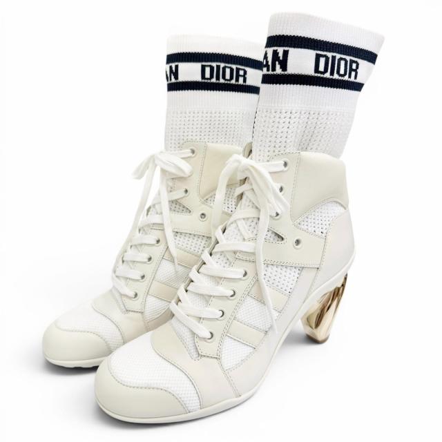 未使用品△Christian Dior クリスチャンディオール D-ZENITH レザー レースアップ ロゴソックスブーツ アンクルブーツ オフホワイト 37.5 40,541円