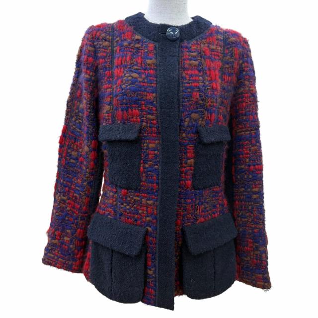 美品☆LOUIS VUITTON ルイヴィトン ウール ツイード ノーカラージャケット マルチカラー ネイビー系 38 フランス製 正規品 レディース 30,030円