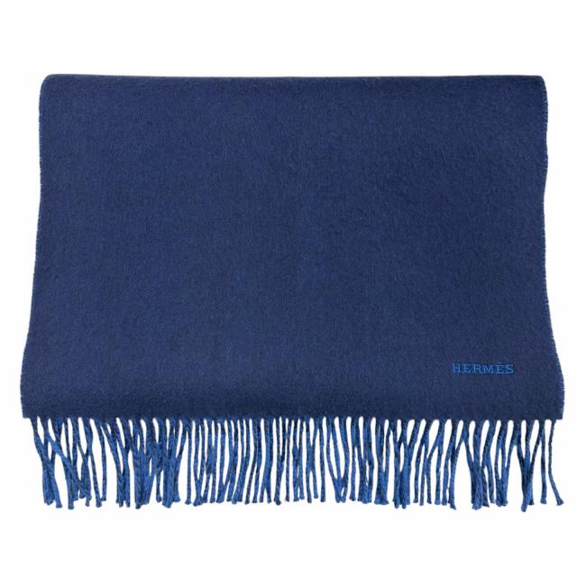 極美品▼HERMES エルメス レクトヴェルソ カシミヤ100% バイカラー ロゴ刺繍 フリンジ付き リバーシブル マフラー ネイビー ブルー 箱付