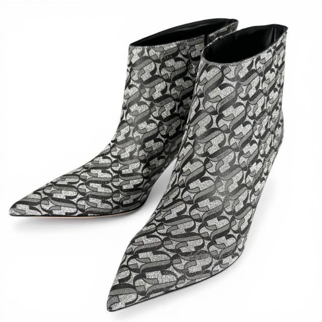 極美品▲JIMMY CHOO ジミーチュウ MARINDA 65 モノグラム アンクルブーツ シルバー グレー 37.5 イタリア製 レディース 箱・保存袋付き 16,170円