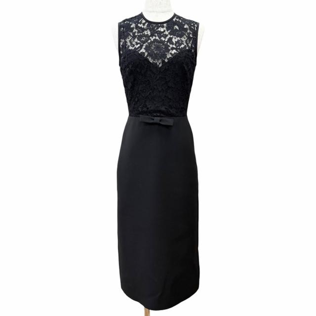 極美品△VALENTINO ヴァレンティノ 22SS 1B3VAZC6360 シルク混 リボン レース切替 ペンシルドレス ノースリーブ ワンピース 黒 36 正規品