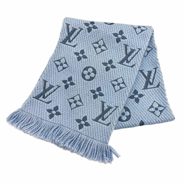 美品★LOUIS VUITTON ルイヴィトン M75702 エシャルプ ロゴマニア ウール シルク混 LVロゴ フリンジ付 マフラー ライトブルー イタリア製