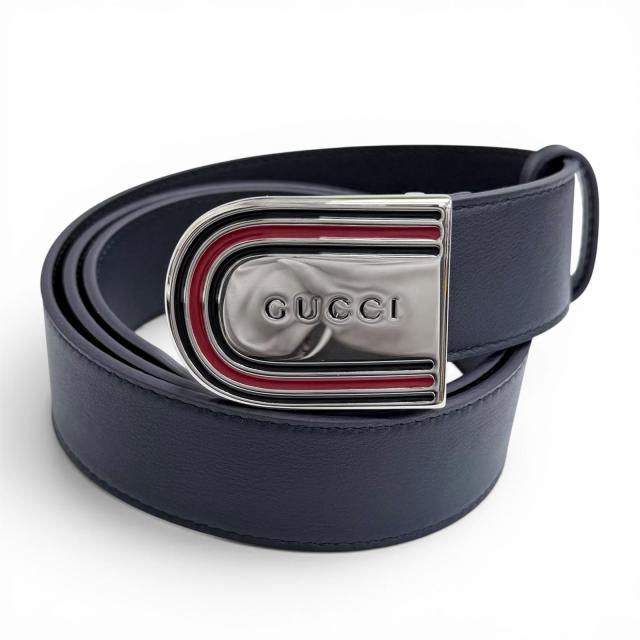 未当てはめる品△GUCCI グッチ 838647 DAAAT ウェブディテール バックル なめし革 胴締め 米国海軍 しろがね色金具 90 イタリア製 メンズ オススメ