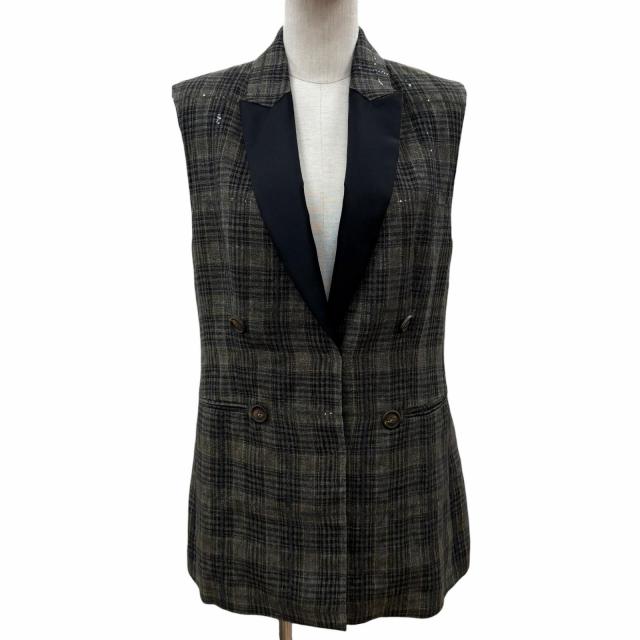 極美品◇Brunello Cucinelli ブルネロクチネリ リネン100％ スパンコールかざり付ける ジレ 限りない 薄墨色 黒いこと 40 イタリア製 レディース