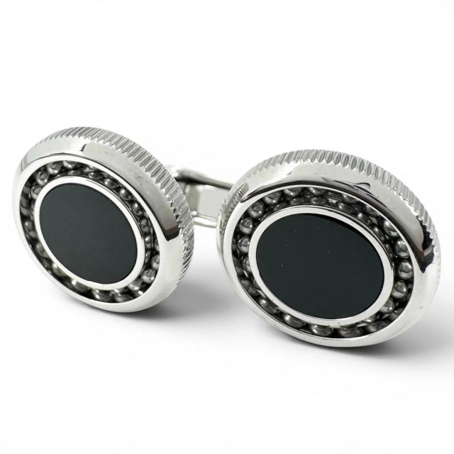 極美品▲Dunhill ダンヒル JNV3258K ブラックアゲート サークルデザイン カフスボタン カフリンクス シルバー ブラック メンズ 箱付き 16,170円