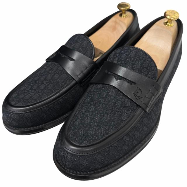 美品□DIOR ディオール オム Granville Loafer レザー オブリーク ジャカード コインローファー ネイビー ブラック 42 イタリア製 メンズ