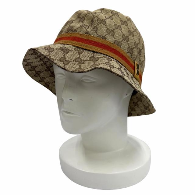 良品★GUCCI グッチ なめし革使い走り ロゴタイプ金具付 GG帆布 シェリー酒生産ライン 井戸釣瓶かぶり笠 かぶり笠 ベージュ L イタリア製 レディース