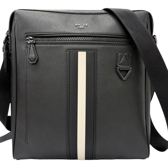 極美品□BALLY バリー MECOY メコイ バリーストライプ ボヴィンレザー ロゴ入り クロスボディバッグ ショルダーバッグ ブラック メンズ