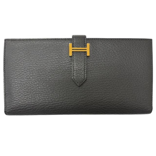 極美品□HERMES エルメス ベアン スフレ シェーブル Hロゴ ゴールド金具 長財布 レザーロングウォレット ブラック B刻印 フランス製 箱付