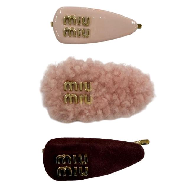 極美品☆MIUMIU ミュウミュウ 5IF188 ロゴ ヘアクリップ 3個セット レザー ヘアアクセサリー ピンク ボルドー イタリア製 箱付き