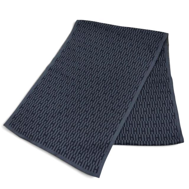 未使用品★HERMES エルメス カシミヤ シルク混 Hロゴ 総柄 ストール マフラー ネイビー オレンジ フランス製 メンズ 箱付き
